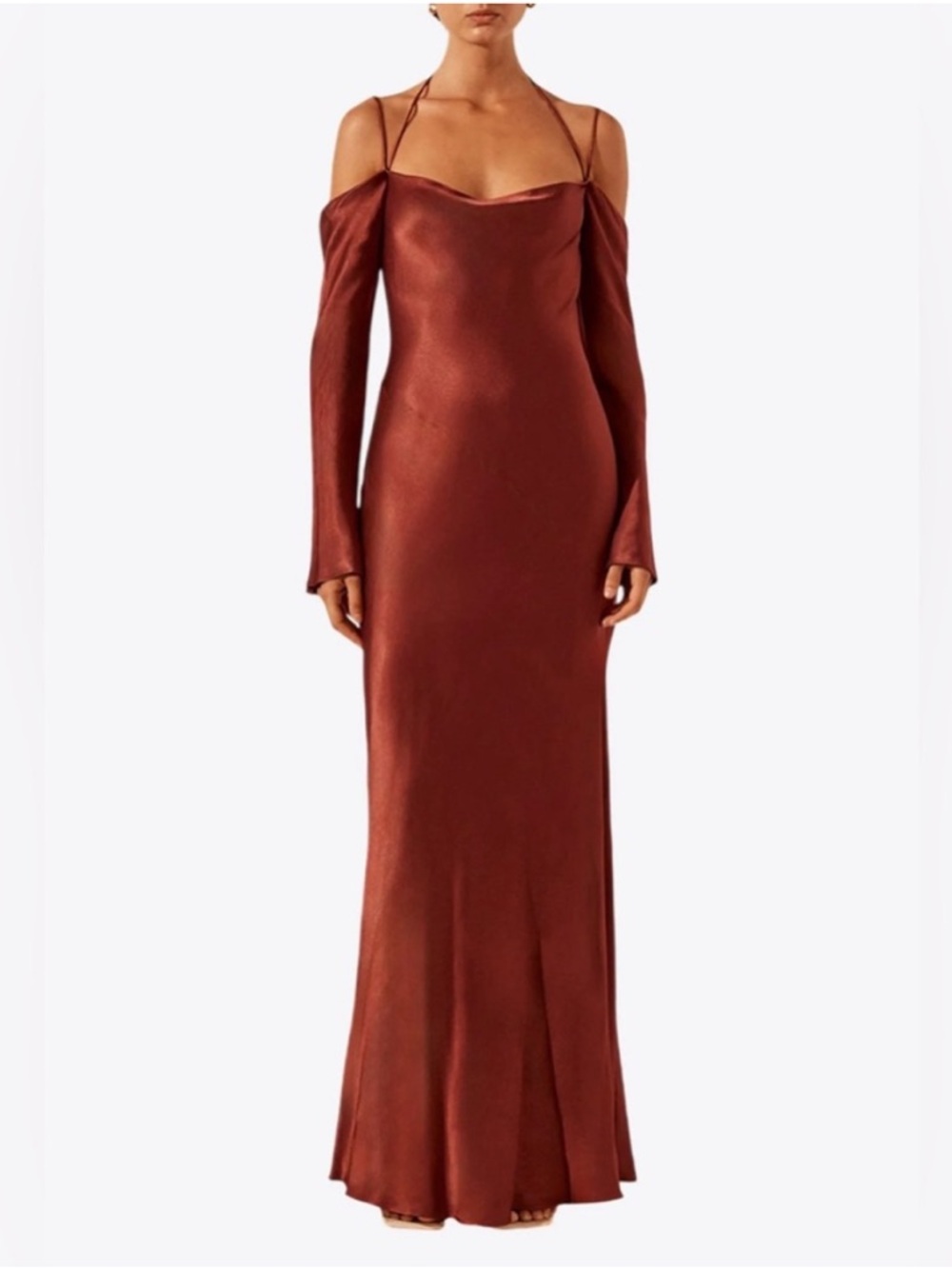 Shona Joy Lino Off Shoulder Tie Maxi‎ Dress Mahogany